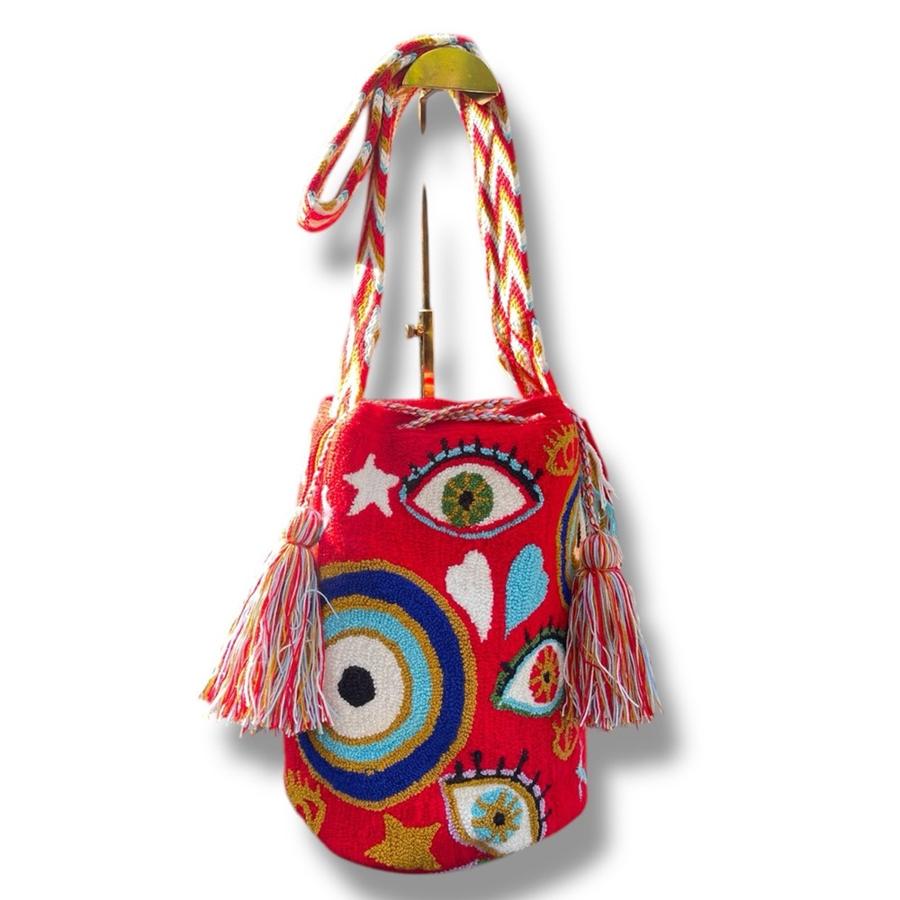 Colorful Embroidered Women's Bag evil eye design-red -embroidery handmade-ligth